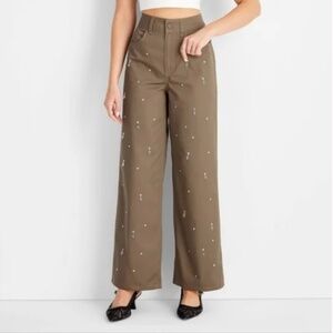 Wide Leg Brown Pants with Embellishments